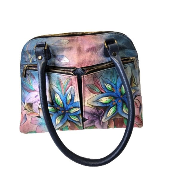 ANUSCHKA  5 Compartments Bag Handpainted Leather Floral Tote Blue Lilies Handbag - Picture 1 of 16